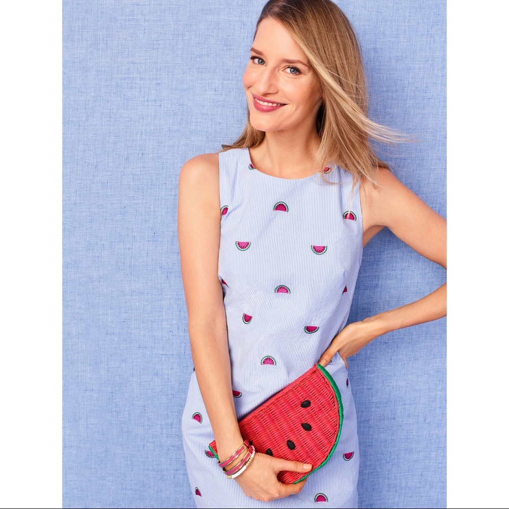 TALBOTS Watermelon Seersucker Shift Dress Midi Blue White Embroidered